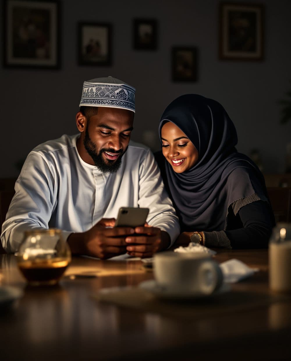 A father and daughter looking at a savings goal together at home