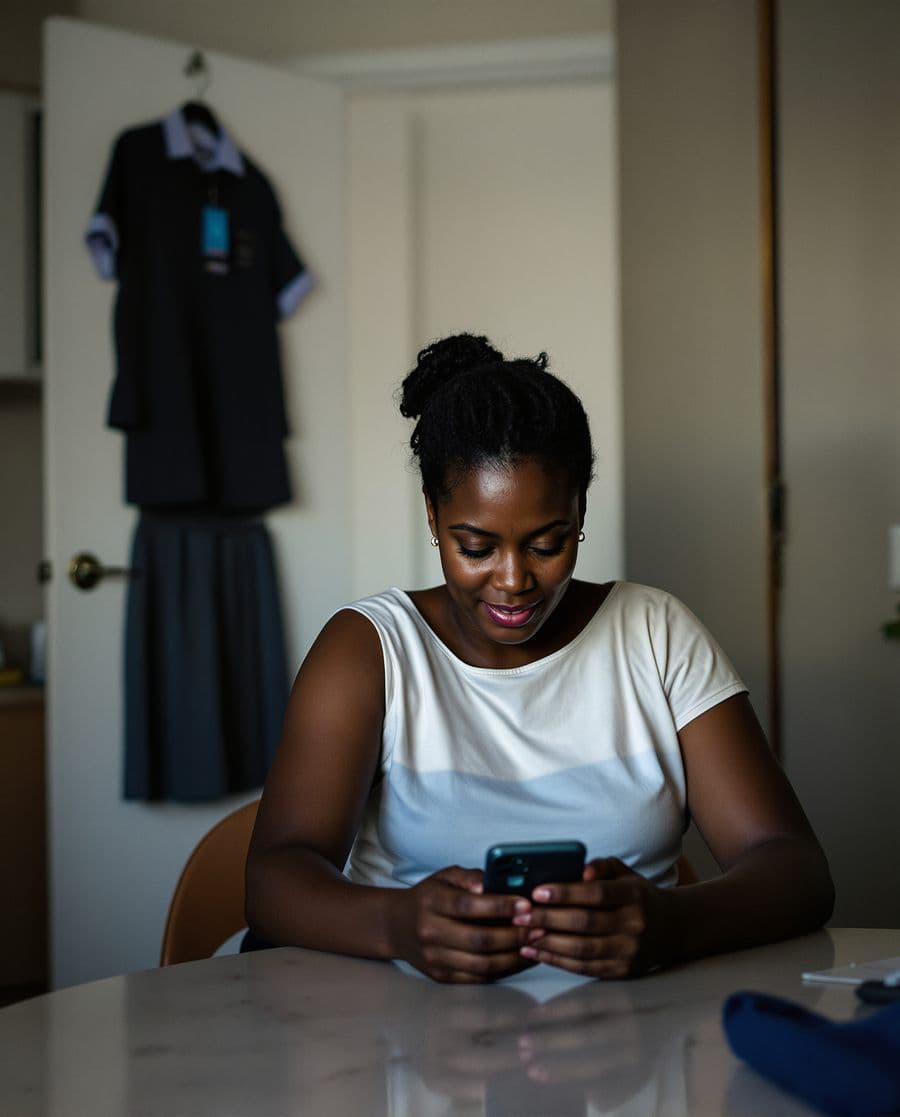 A mother checking her school-fees goal at the kitchen table