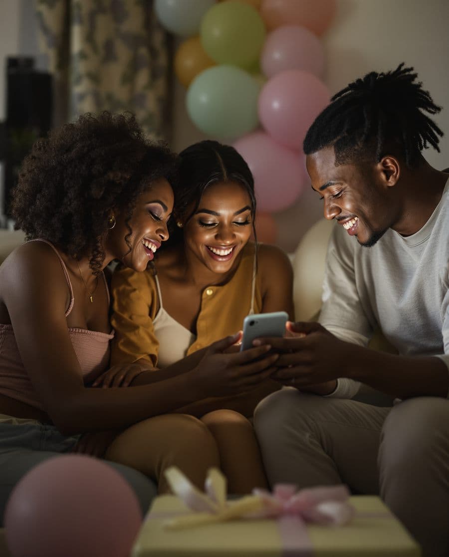 Friends planning a surprise baby shower over one phone