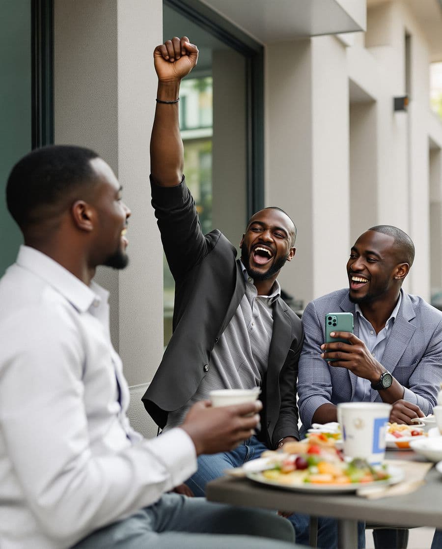 Colleagues cheering as one gets this month's payout