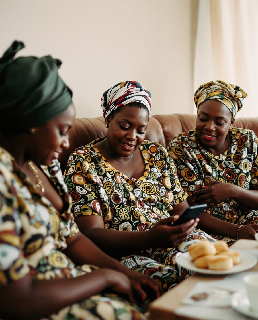 Women in matching doeks checking a club pot on a phone over tea