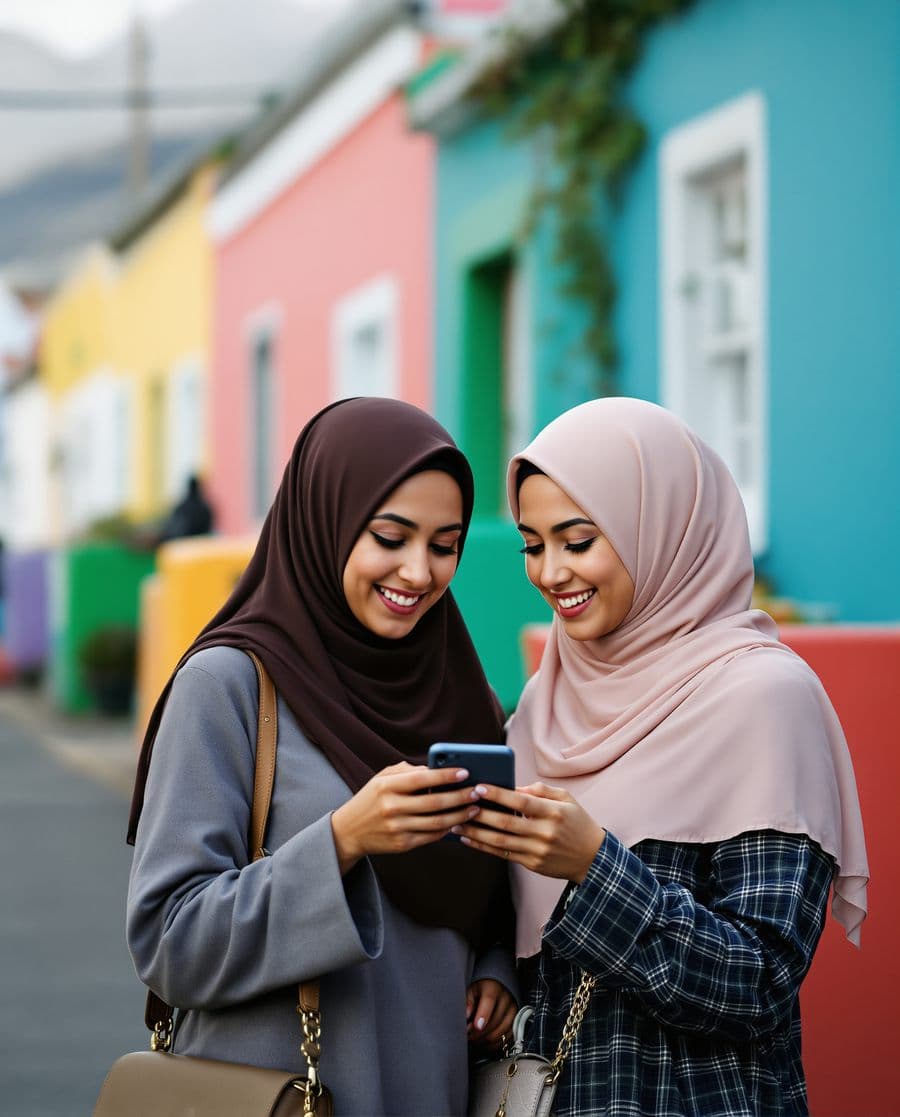 Two friends in hijab on a Bo-Kaap street looking at a phone