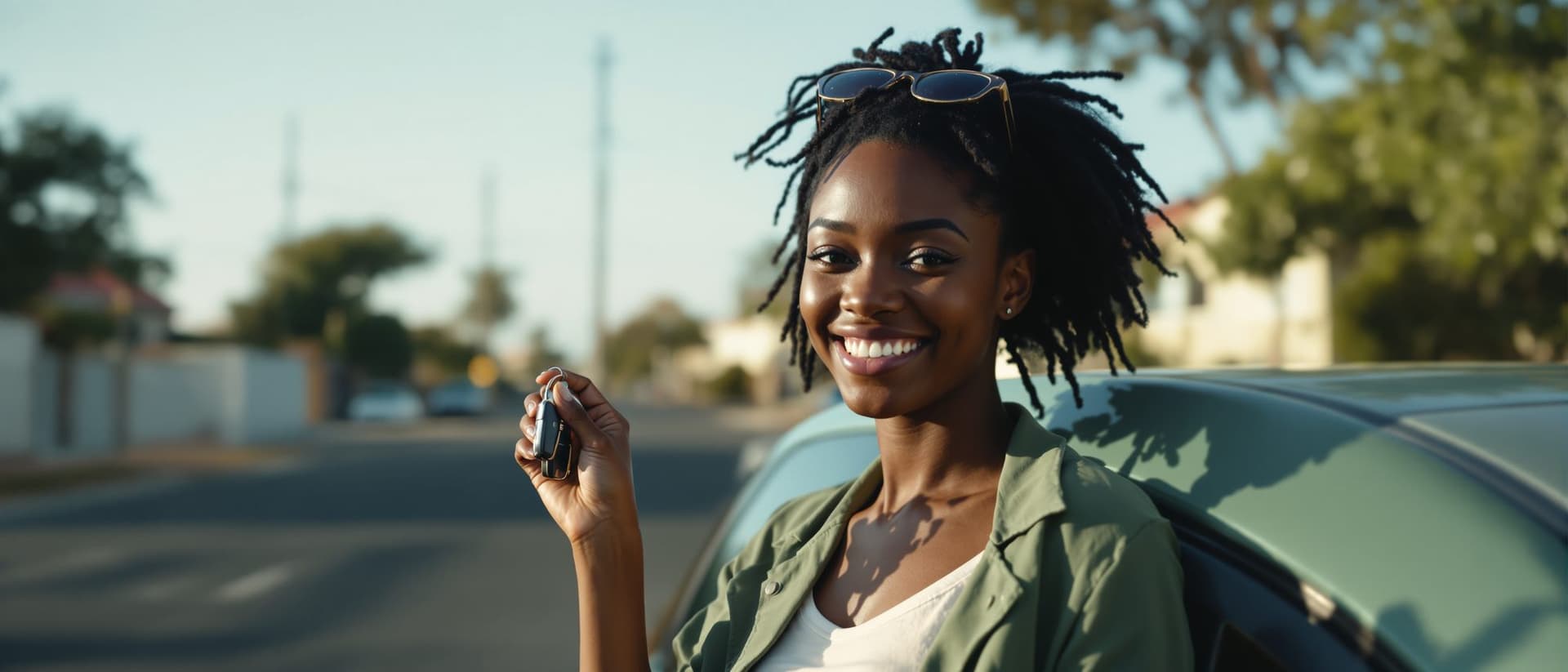 A young woman holding up the keys to her first car