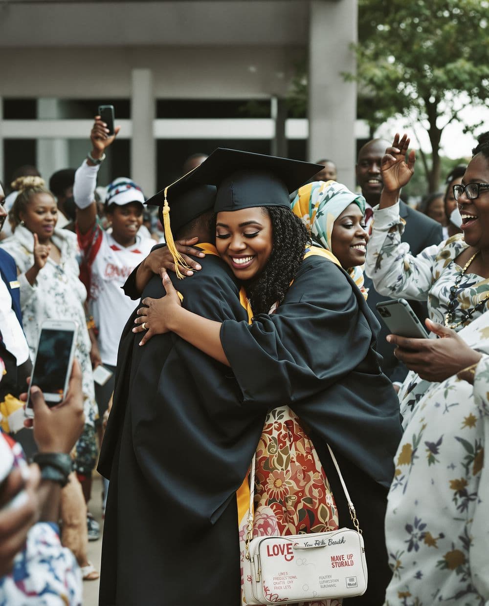 A graduate hugging her mother on graduation day