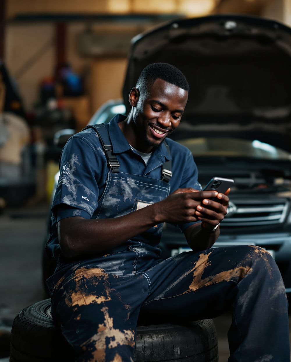 An apprentice mechanic checking his savings goal in the workshop