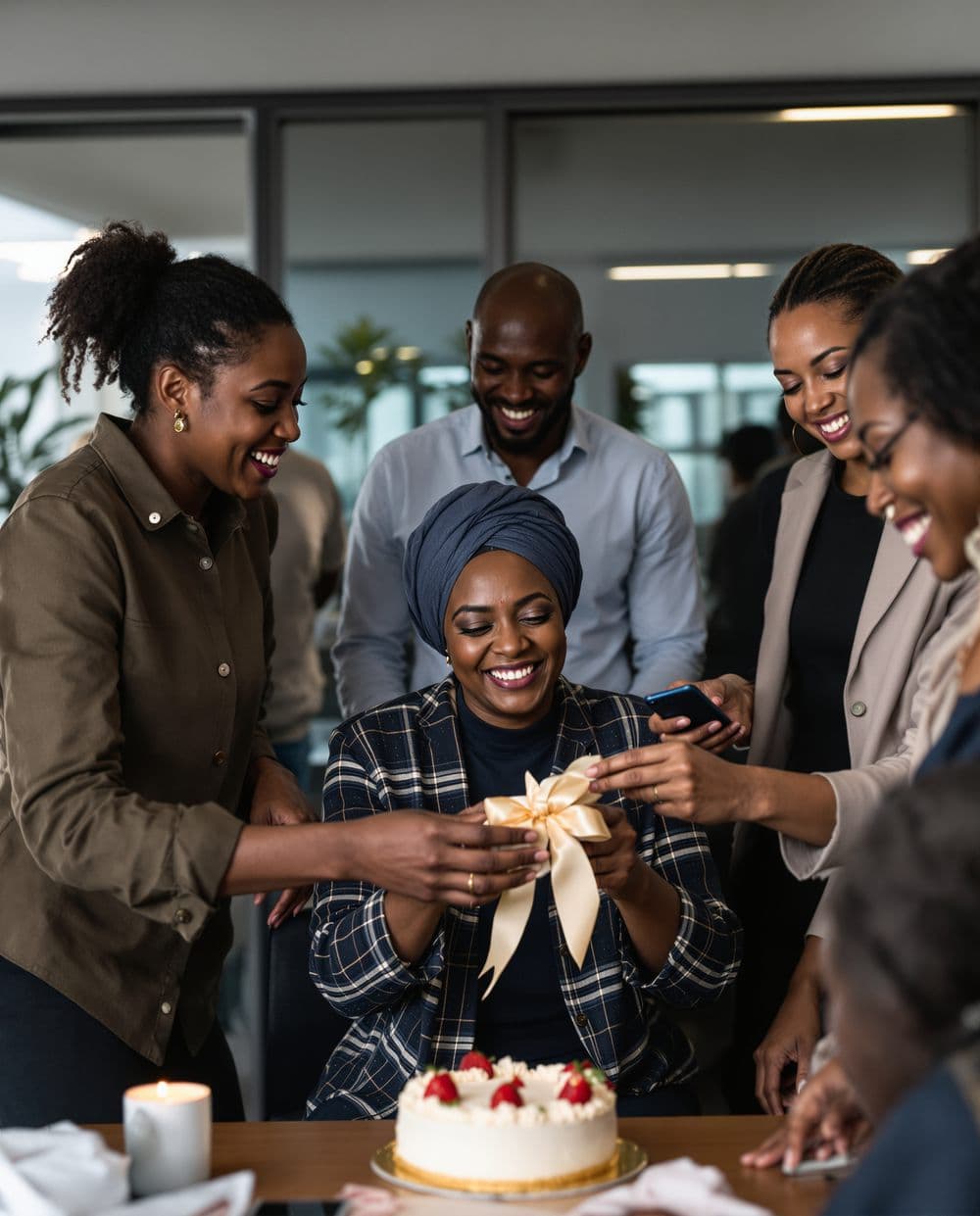 Colleagues celebrating as a long-serving colleague opens her farewell gift