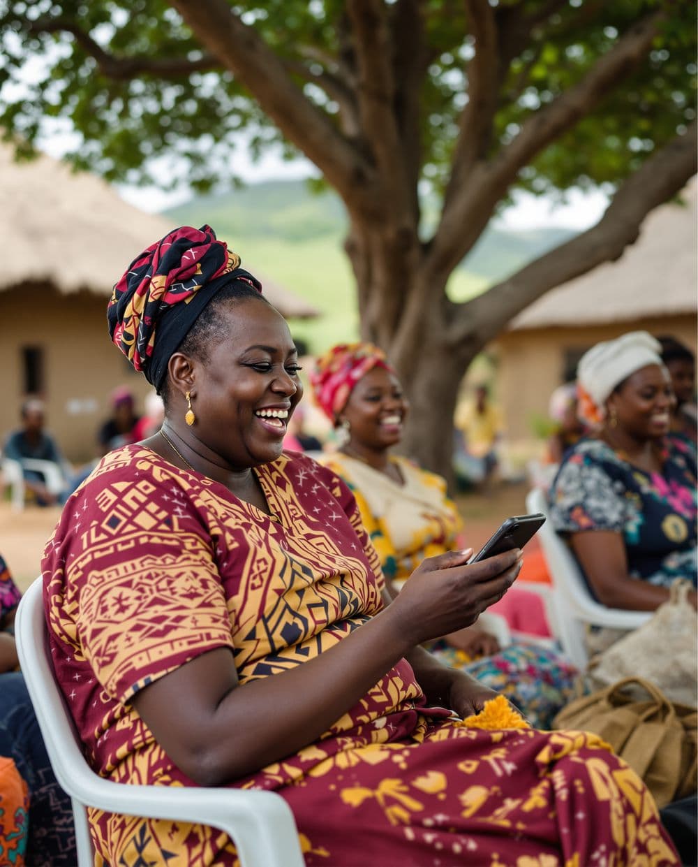 An umgalelo gathering under a tree, one member laughing at her payout
