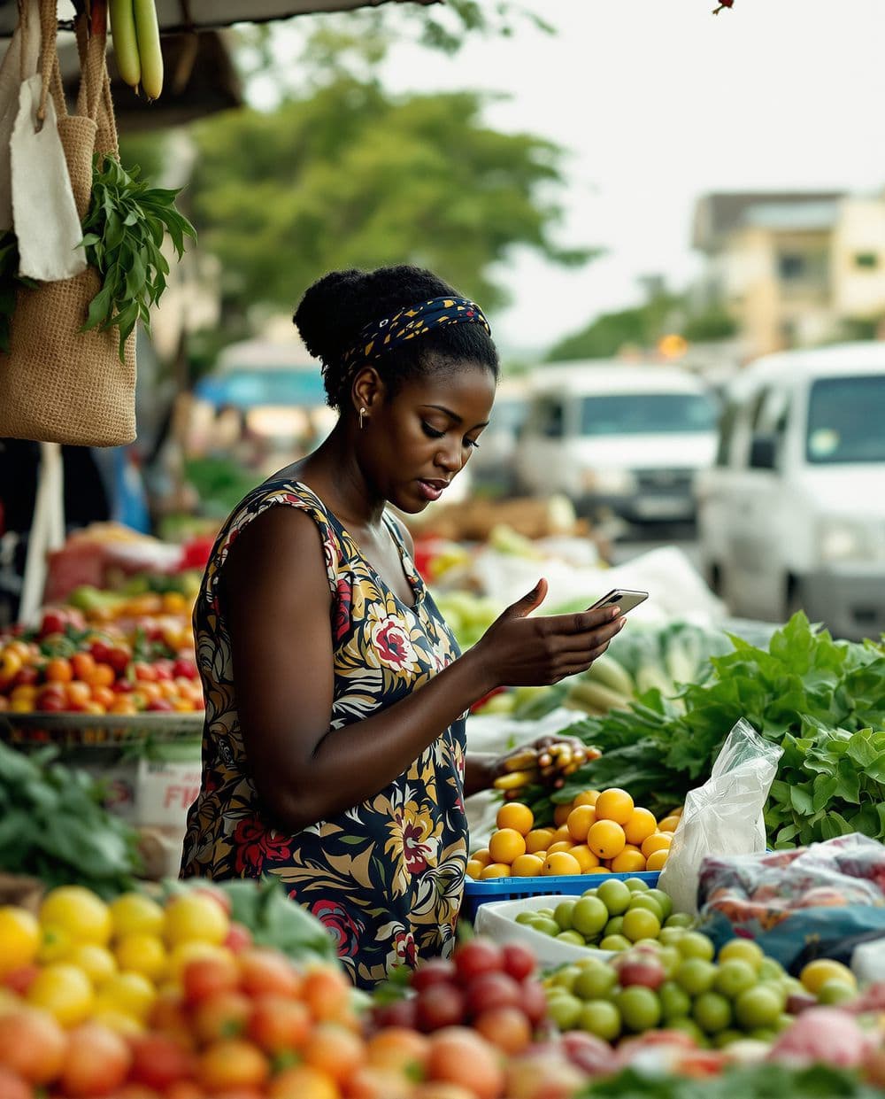 A market vendor checking her phone at her fruit and vegetable stall