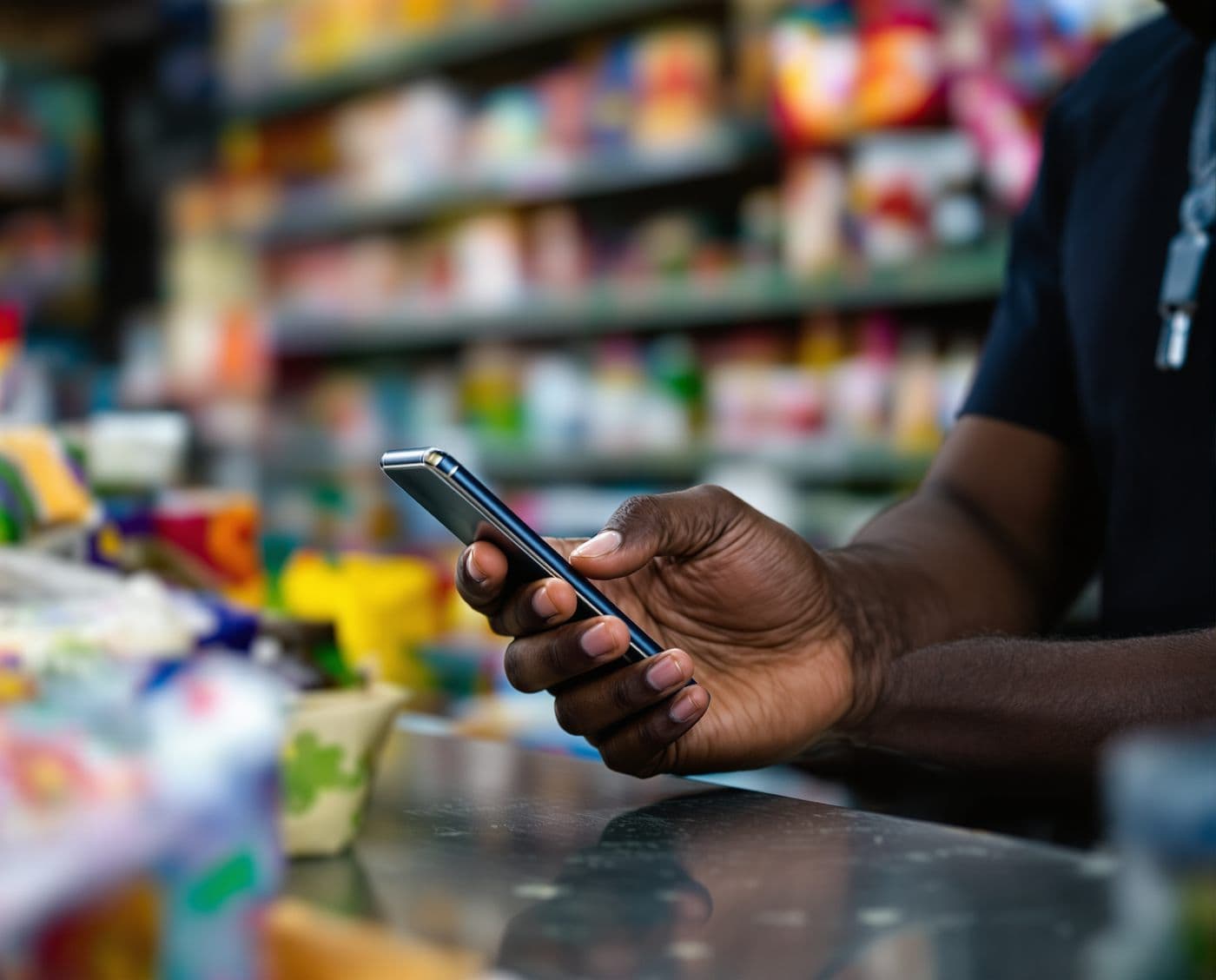 Paying in from a phone at a spaza shop counter