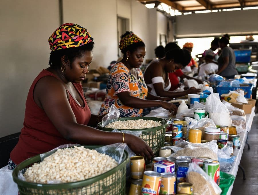 Women packing December stokvel grocery hampers