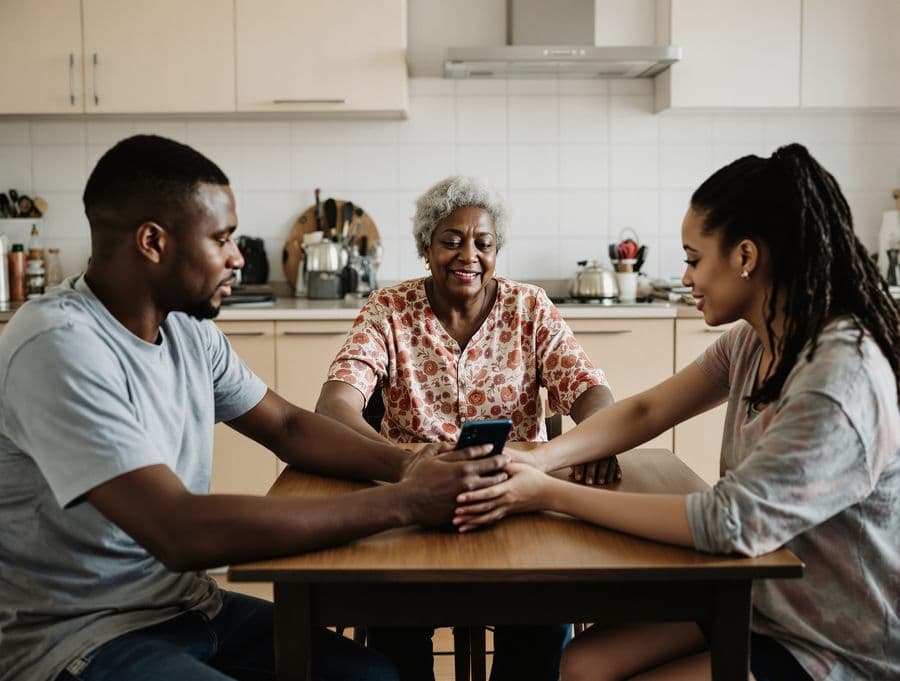 A grandmother at the kitchen table with her adult children