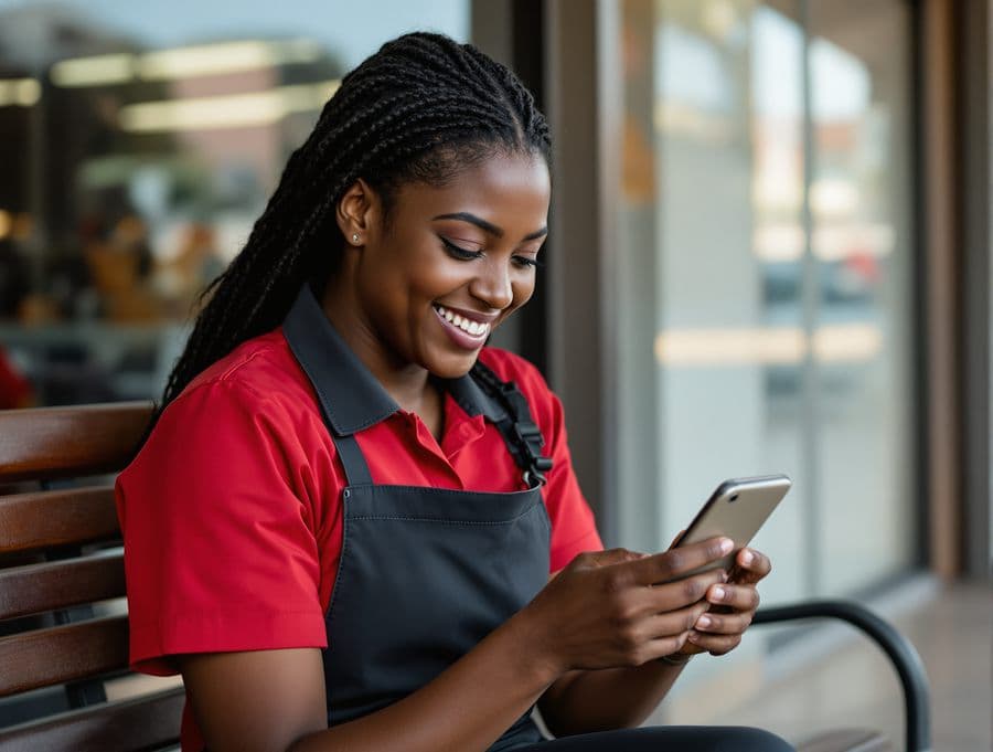 A young cashier smiling at her first savings on her break