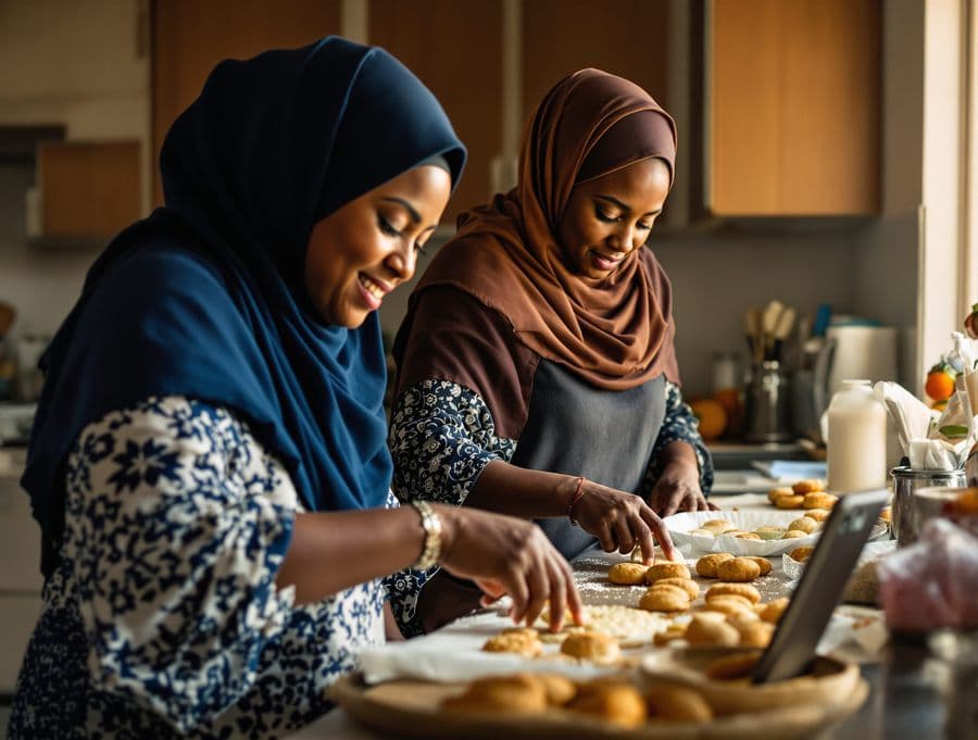 Women baking koesisters together before Eid