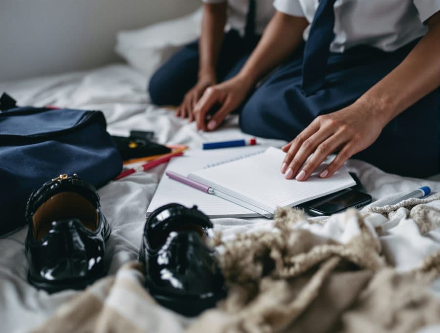 A new school uniform, shoes and stationery laid out on a bed